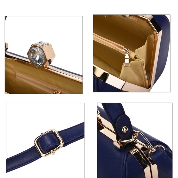 Navy Faux Leather Medium Size Tote Bag with Handle Drop and Shoulder Strap - Picture 4 of 12